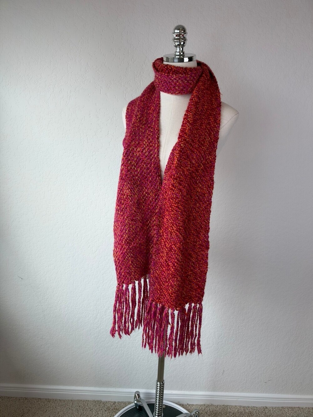 Pink and Orange Knit Fringe Scarf